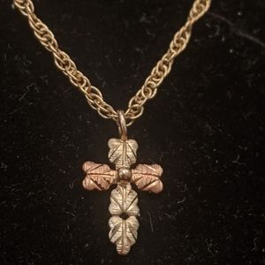 Black Hills Gold Necklace 10k Leaf Pendant & 14k Gold Filled Chain Leaves Cross